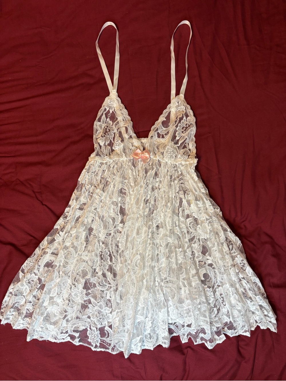 y2k white lace babydoll tank slip top with pink bow (Frederick’s of Hollywood)